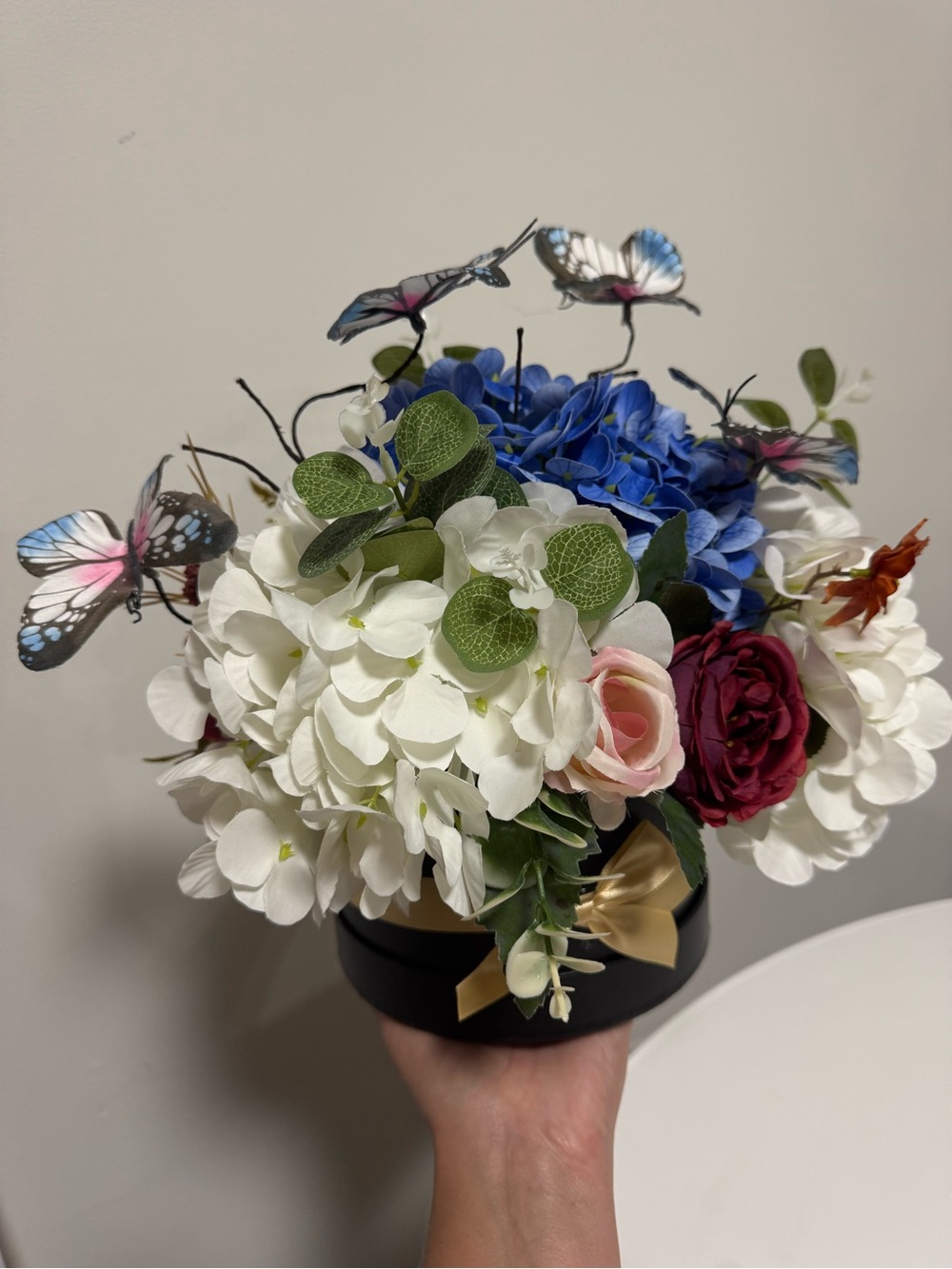 Mixed Faux Floral Bouquet in Black Hatbox with Blue, White & Pink Accents